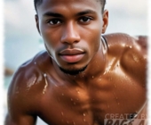 Portrait. Dunkelhäutiger Twink mit nassem Oberkörper leicht nach vorn gebeugt. Portrait. Dunkelhäutiger Twink mit nassem Oberkörper leicht nach vorn gebeugt.