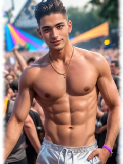 Lächelnder Twink mit freiem Oberkörper und Händen in den Taschen. Lächelnder Twink mit freiem Oberkörper und Händen in den Taschen.