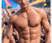 Lächelnder Twink mit freiem Oberkörper und Händen in den Taschen. Lächelnder Twink mit freiem Oberkörper und Händen in den Taschen.