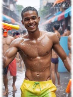 Junger farbiger Mann im Regen, verspieltes Relief in den Shorts. Junger farbiger Mann im Regen, verspieltes Relief in den Shorts.