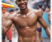 Junger farbiger Mann im Regen, verspieltes Relief in den Shorts. Junger farbiger Mann im Regen, verspieltes Relief in den Shorts.