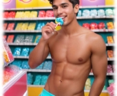 Junger Mann mit nackten Oberkörper lutscht Lolli, verspieltes Relief in den Shorts. Junger Mann mit nackten Oberkörper lutscht Lolli, verspieltes Relief in den Shorts.