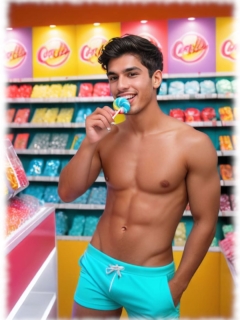 Junger Mann mit nackten Oberkörper lutscht Lolli, verspieltes Relief in den Shorts. Junger Mann mit nackten Oberkörper lutscht Lolli, verspieltes Relief in den Shorts.