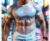 Muskulöser asiatischer Mann, nasses T-Shirt gibt Blick auf Sixpack frei. Muskulöser asiatischer Mann, nasses T-Shirt gibt Blick auf Sixpack frei.