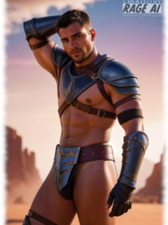 Antike Szene mit einem muskulösen Krieger, der unter seiner Rüstung sein verspieltes Relief verbirgt. Antike Szene mit einem muskulösen Krieger, der unter seiner Rüstung sein verspieltes Relief verbirgt.