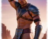 Antike Szene mit einem muskulösen Krieger, der unter seiner Rüstung sein verspieltes Relief verbirgt. Antike Szene mit einem muskulösen Krieger, der unter seiner Rüstung sein verspieltes Relief verbirgt.