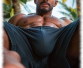 Breitbeinig sitzender Mann mit massivem Talisman des Begehrens in den Shorts. Breitbeinig sitzender Mann mit massivem Talisman des Begehrens in den Shorts.