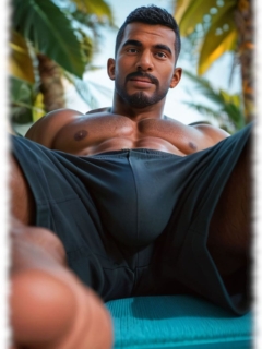 Breitbeinig sitzender Mann mit massivem Talisman des Begehrens in den Shorts. Breitbeinig sitzender Mann mit massivem Talisman des Begehrens in den Shorts.