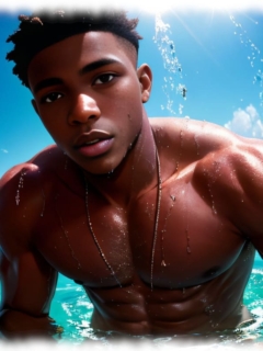 Portrait. Dunkelhäutiger Twink mit nassem Oberkörper steht im Wasser. Portrait. Dunkelhäutiger Twink mit nassem Oberkörper steht im Wasser.