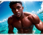 Portrait. Dunkelhäutiger Twink mit nassem Oberkörper steht im Wasser. Portrait. Dunkelhäutiger Twink mit nassem Oberkörper steht im Wasser.