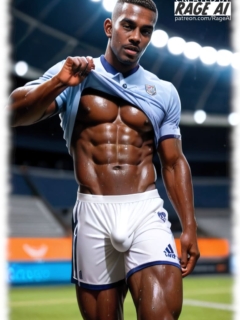 Dunkelhäutiger Sportler mit verheißungsvoller Sehnsucht im Stoff präsentiert sein Sixpack. Dunkelhäutiger Sportler mit verheißungsvoller Sehnsucht im Stoff präsentiert sein Sixpack.