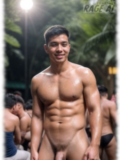 Asiatischer Mann auf Party, nackt im Wald stehend, zeigt seinen Wegweiser ins Traumland. Asiatischer Mann auf Party, nackt im Wald stehend, zeigt seinen Wegweiser ins Traumland.