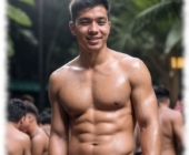 Asiatischer Mann auf Party, nackt im Wald stehend, zeigt seinen Wegweiser ins Traumland. Asiatischer Mann auf Party, nackt im Wald stehend, zeigt seinen Wegweiser ins Traumland.