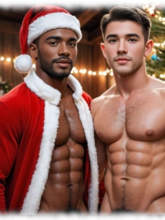 Dunkelhäutiger und asiatischer Mann, halb nackt in weihnachtlichem Ambiente stehend. Dunkelhäutiger und asiatischer Mann, halb nackt in weihnachtlichem Ambiente stehend.