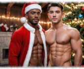 Dunkelhäutiger und asiatischer Mann, halb nackt in weihnachtlichem Ambiente stehend. Dunkelhäutiger und asiatischer Mann, halb nackt in weihnachtlichem Ambiente stehend.