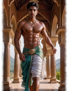 Junger Mann mit definiertem Oberkörper läuft durch Säulengang. Junger Mann mit definiertem Oberkörper läuft durch Säulengang.