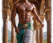 Junger Mann mit definiertem Oberkörper läuft durch Säulengang. Junger Mann mit definiertem Oberkörper läuft durch Säulengang.