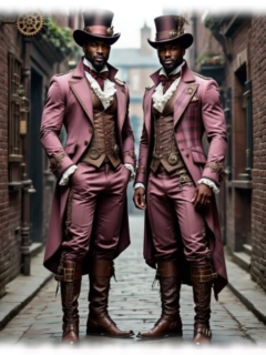Zwei dunkelhäutige Männer mit Zylinder im pinken Steam-Punk-Kostüm auf Straße stehend. Zwei dunkelhäutige Männer mit Zylinder im pinken Steam-Punk-Kostüm auf Straße stehend.