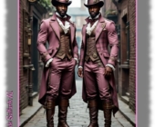 Zwei dunkelhäutige Männer mit Zylinder im pinken Steam-Punk-Kostüm auf Straße stehend. Zwei dunkelhäutige Männer mit Zylinder im pinken Steam-Punk-Kostüm auf Straße stehend.