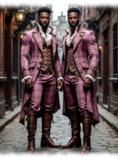 Zwei dunkelhäutige Männer im pinken Steam-Punk-Kostüm auf Straße stehend. Zwei dunkelhäutige Männer im pinken Steam-Punk-Kostüm auf Straße stehend.