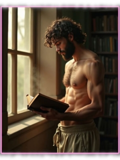 Nahaufnahme: Bärtiger Mann mit behaartem Oberkörper am Fenster stehend, Buch in der Hand. Nahaufnahme: Bärtiger Mann mit behaartem Oberkörper am Fenster stehend, Buch in der Hand.