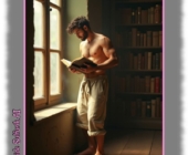 Bärtiger Mann mit behaartem Oberkörper am Fenster stehend, Buch in der Hand. Bärtiger Mann mit behaartem Oberkörper am Fenster stehend, Buch in der Hand.