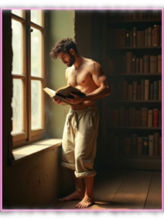 Bärtiger Mann mit behaartem Oberkörper am Fenster stehend, Buch in der Hand. Bärtiger Mann mit behaartem Oberkörper am Fenster stehend, Buch in der Hand.