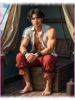 Pirat auf Holztruhe sitzend, Lederarmbänder, barfuß mit roter Hose. Pirat auf Holztruhe sitzend, Lederarmbänder, barfuß mit roter Hose.