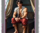 Pirat auf Holztruhe sitzend, Lederarmbänder, barfuß mit roter Hose. Pirat auf Holztruhe sitzend, Lederarmbänder, barfuß mit roter Hose.