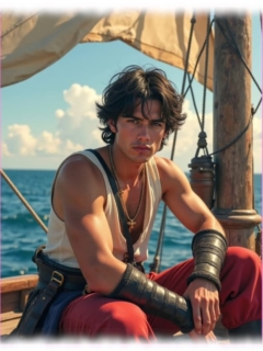 Portrait, Pirat auf Deck sitzend, Lederstulpen, blauer Himmel und Meer im Hintergrund. Portrait, Pirat auf Deck sitzend, Lederstulpen, blauer Himmel und Meer im Hintergrund.