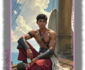 Pirat auf Deck sitzend, freier Oberkörper, Lederstulpen, blauer Himmel im Hintergrund. Pirat auf Deck sitzend, freier Oberkörper, Lederstulpen, blauer Himmel im Hintergrund.