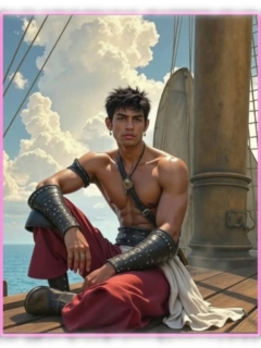 Pirat auf Deck sitzend, freier Oberkörper, Lederstulpen, blauer Himmel im Hintergrund. Pirat auf Deck sitzend, freier Oberkörper, Lederstulpen, blauer Himmel im Hintergrund.