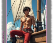 Pirat auf Reling sitzend, freier Oberkörper, blauer Himmel im Hintergrund. Pirat auf Reling sitzend, freier Oberkörper, blauer Himmel im Hintergrund.