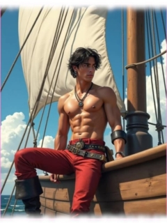 Pirat auf Reling sitzend, freier Oberkörper, blauer Himmel im Hintergrund. Pirat auf Reling sitzend, freier Oberkörper, blauer Himmel im Hintergrund.