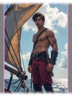 Pirat auf Deck stehend, freier Oberkörper, blauer Himmel und ruhiges Meer im Hintergrund. Pirat auf Deck stehend, freier Oberkörper, blauer Himmel und ruhiges Meer im Hintergrund.