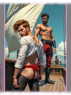 Piraten auf Deck stehend, Einer mit fordernder Wölbung in der Hose, der Andere mit blanken Pobacken. Piraten auf Deck stehend, Einer mit fordernder Wölbung in der Hose, der Andere mit blanken Pobacken.