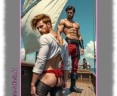 Piraten auf Deck stehend, Einer mit fordernder Wölbung in der Hose, der Andere mit blanken Pobacken. Piraten auf Deck stehend, Einer mit fordernder Wölbung in der Hose, der Andere mit blanken Pobacken.