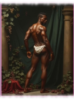 Dunkelhäutiger Mann von Weinreben umgeben, Tuch bedeckt seinen Po. Dunkelhäutiger Mann von Weinreben umgeben, Tuch bedeckt seinen Po.