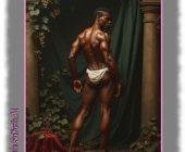 Dunkelhäutiger Mann von Weinreben umgeben, Tuch bedeckt seinen Po. Dunkelhäutiger Mann von Weinreben umgeben, Tuch bedeckt seinen Po.