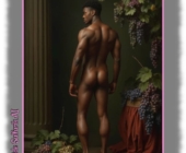 Dunkelhäutiger Mann von Weinreben umgeben, neben antiker Säule mit knackigem Po. Dunkelhäutiger Mann von Weinreben umgeben, neben antiker Säule mit knackigem Po.