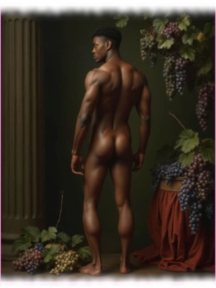 Dunkelhäutiger Mann von Weinreben umgeben, neben antiker Säule mit knackigem Po. Dunkelhäutiger Mann von Weinreben umgeben, neben antiker Säule mit knackigem Po.