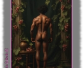 Dunkelhäutiger Mann von Weinreben umgeben, neben antiker Säule mit knackigem Po. Dunkelhäutiger Mann von Weinreben umgeben, neben antiker Säule mit knackigem Po.