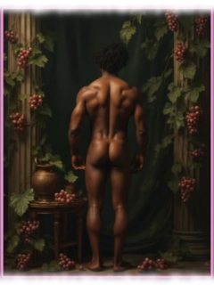 Dunkelhäutiger Mann von Weinreben umgeben, neben antiker Säule mit knackigem Po. Dunkelhäutiger Mann von Weinreben umgeben, neben antiker Säule mit knackigem Po.