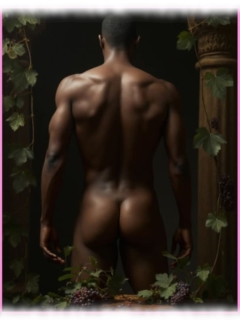 Dunkelhäutiger Mann von Efeu umgeben, neben antiker Säule mit knackigem Po. Dunkelhäutiger Mann von Efeu umgeben, neben antiker Säule mit knackigem Po.