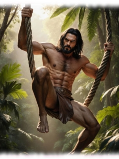 Tarzan auf Liane schaukelnd, Lendenschurz verdeckt seine Rosenranke der Leidenschaft. Tarzan auf Liane schaukelnd, Lendenschurz verdeckt seine Rosenranke der Leidenschaft.