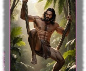 Tarzan auf Liane schaukelnd, Lendenschurz verdeckt seine Rosenranke der Leidenschaft. Tarzan auf Liane schaukelnd, Lendenschurz verdeckt seine Rosenranke der Leidenschaft.