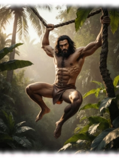 Tarzan an Liane schaukelnd, Lendenschurz mit sanfter Ausprägung. Tarzan an Liane schaukelnd, Lendenschurz mit sanfter Ausprägung.