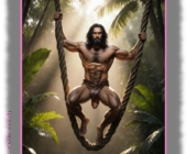 Tarzan auf Liane schaukelnd, Lendenschurz verdeckt seine geheimnisvolle Sonne. Tarzan auf Liane schaukelnd, Lendenschurz verdeckt seine geheimnisvolle Sonne.