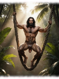 Tarzan auf Liane schaukelnd, Lendenschurz verdeckt seine geheimnisvolle Sonne. Tarzan auf Liane schaukelnd, Lendenschurz verdeckt seine geheimnisvolle Sonne.