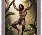 Tarzan an Baum und Liane hängend, Lendenschurz um den Hüften. Tarzan an Baum und Liane hängend, Lendenschurz um den Hüften.